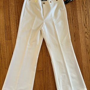 Ralph Lauren Off-White Cotton Wide Leg Trousers Pants with Gold Anchor Buttons